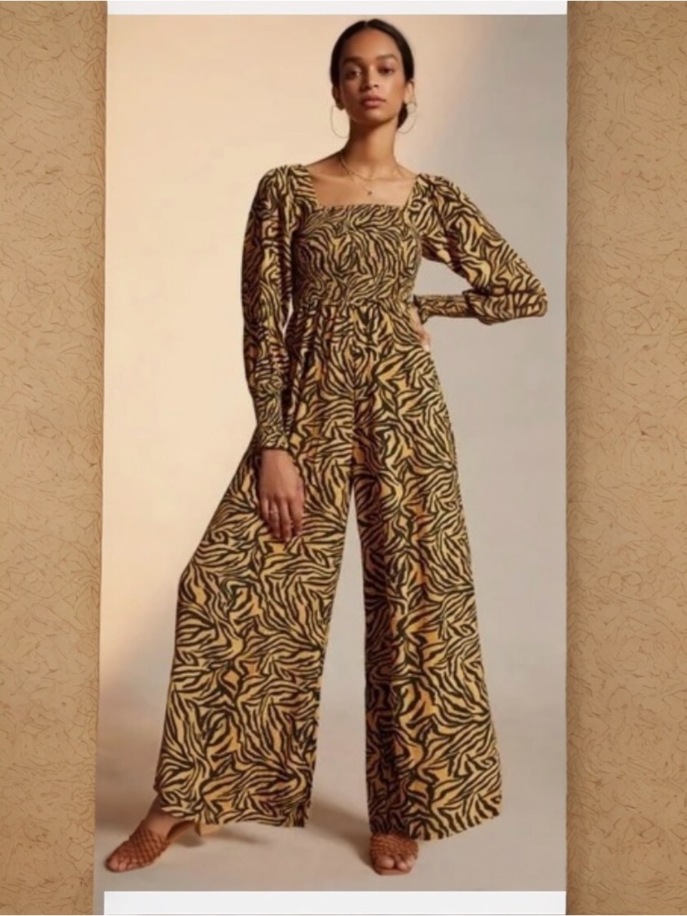 Kachel x Anthropologie Tiger Print Smocked Wide Leg Jumpsuit Size 6